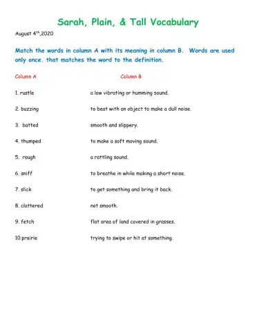 Sarah, Plain and tall Vocabulary Match