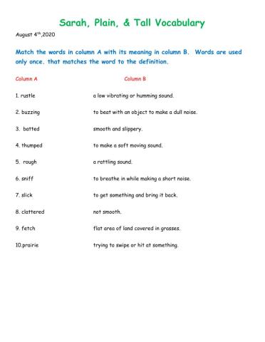 Sarah, Plain and tall Vocabulary Match