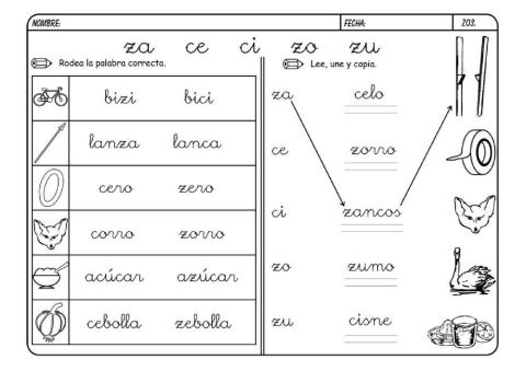 Sílaba za, ce, ci, zo, zu