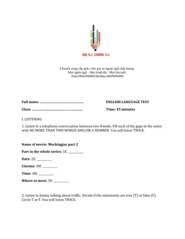 Lớp 7 - Kiểm tra 45 phút số 3 (Unit 7, 8)