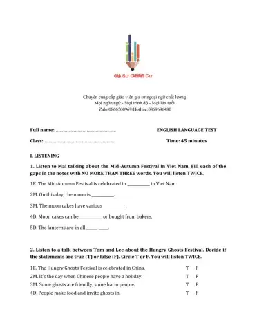 Lớp 7 - Kiểm tra 45 phút số 4 (Unit 9, 10)