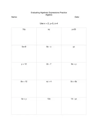 Evaluating Algebraic Expressions Practice and Homework