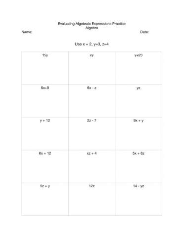 Evaluating Algebraic Expressions Practice and Homework