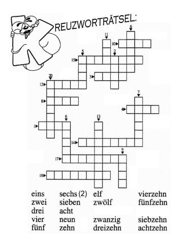 Crossword Puzzle: Numbers 1-20 in German
