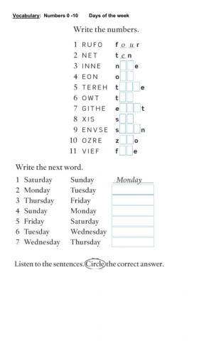 Numbers 1-10 Days of the Week