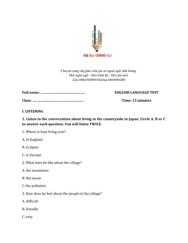 Lớp 8 - Unit 2 LIFE IN THE COUNTRYSIDE-LISTENING