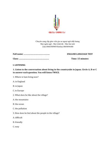 Lớp 8 - Unit 2 LIFE IN THE COUNTRYSIDE-LISTENING