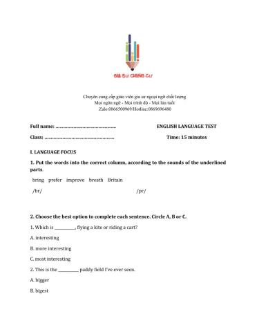 Lớp 8 - Unit 2 LIFE IN THE COUNTRYSIDE-LANGUAGE FOCUS