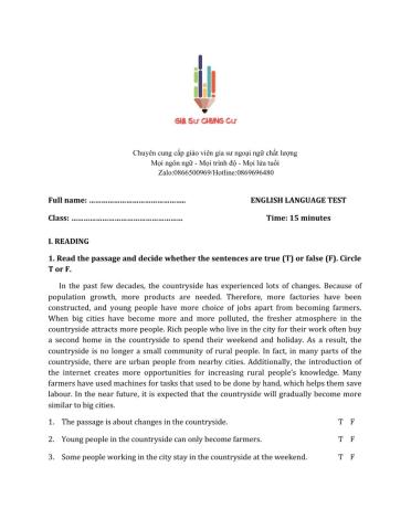 Lớp 8 - Unit 2 LIFE IN THE COUNTRYSIDE-READING