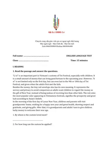 Lớp 8 - Unit 4 OUR CUSTOMS AND TRADITIONS-READING