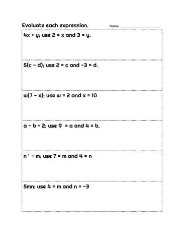 Evaluating Algebraic Expressions, Combining Like Terms, and Distributive Property Practice