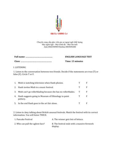 Lớp 8 - Unit 5 FESTIVALS IN VIET NAM-LISTENING