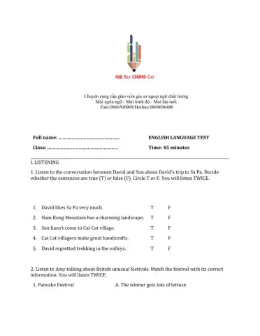 Lớp 8 - Kiểm tra cuối kỳ