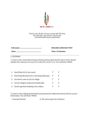 Lớp 8 - Kiểm tra cuối kỳ