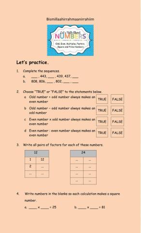 Odd Even Factors Multiple Square and Prime Number