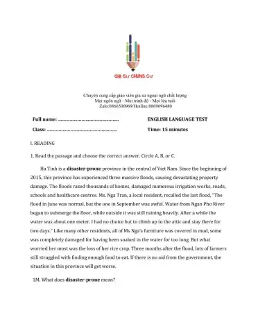 Lớp 8 - Unit 9 NATURAL DISASTERS-READING -