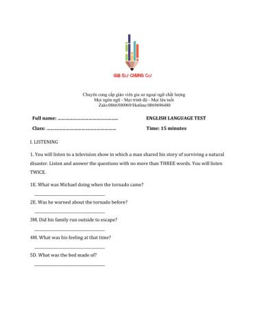 Lớp 8 - Unit 9 NATURAL DISASTERS-LISTENING -