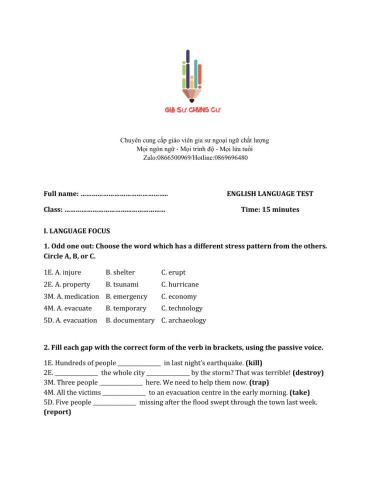 Lớp 8 - Unit 9 NATURAL DISASTERS-LANGUAGE FOCUS