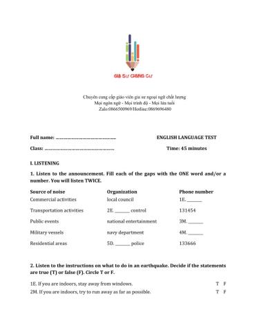 Lớp 8 - Kiểm tra 45 phút số 3 (Unit 7, 8, 9)