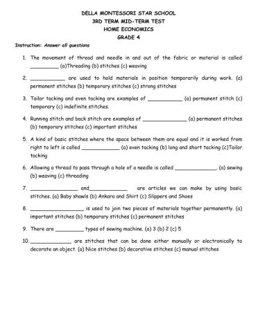 Grade 4 Home Economics test