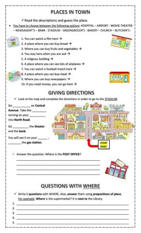 5th Grade Test Unit 5 - Places in Town, Directions and Questions with Where