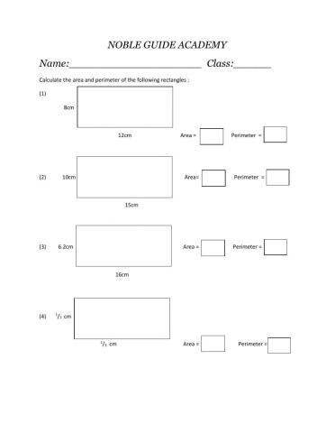 Worksheet on perimeter and area of a rectangle