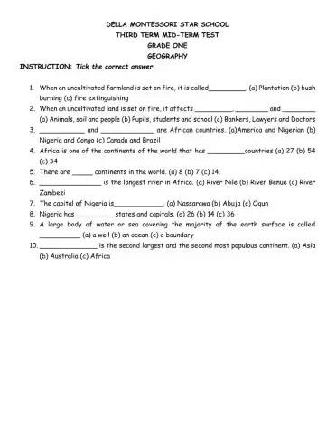 Grade 1 Geography test