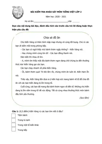 Đề khảo sát môn Tiếng Việt