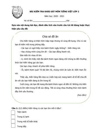 Đề khảo sát môn Tiếng Việt