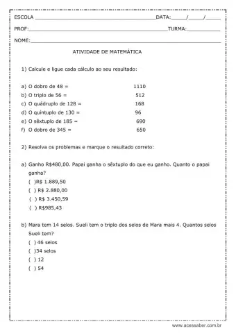 Atividade de matemática 4 ano