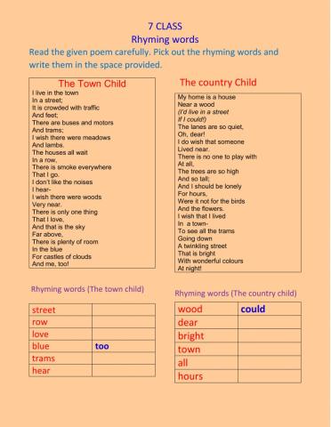 7 class Rhyming words the town child and the country child