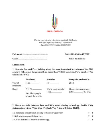 Lớp 8 - Kiểm tra 45 phút số 4 (Unit 10, 11)