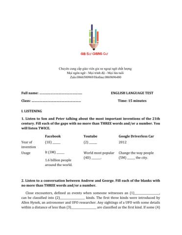 Lớp 8 - Unit 12 LIFE ON OTHER PLANETS-LISTENING