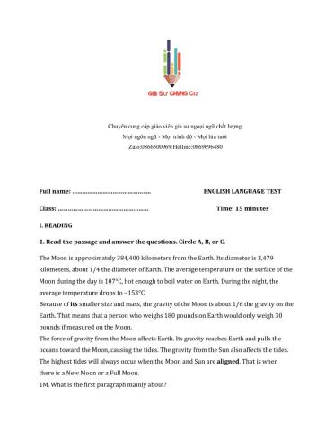 Lớp 8 - Unit 12 LIFE ON OTHER PLANETS-READING