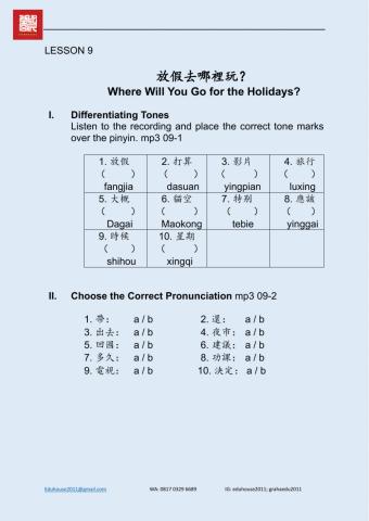 Traditional Mandarin Workbook 1 Unit 9