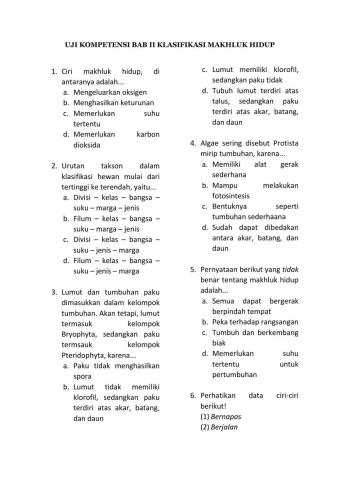 Uji Kompetensi Klasifikasi Makhluk Hidup Kelas VII