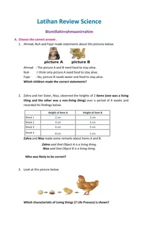 Latihan Science Review Living Things and Non Living Things - 5 Senses