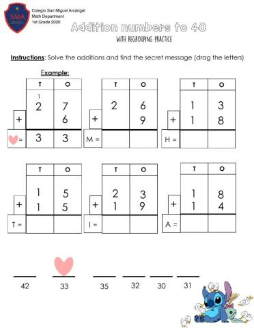 Addition with regrouping numbers to 40