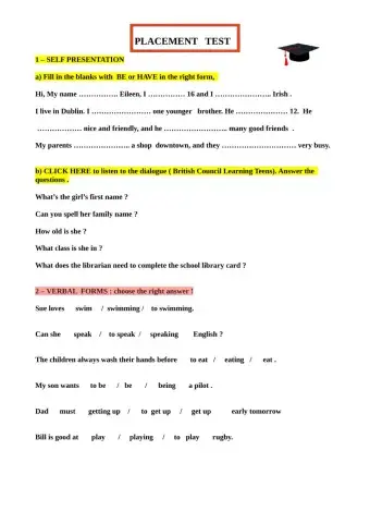 placement test 1 year 9