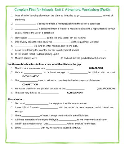 Complete First for Schools. Unit 7. Adventure. Vocabulary (Part2):