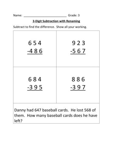 3 Digit Subtraction with Renaming