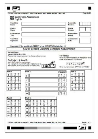 Listening Ket practice test 1 - Answer sheet