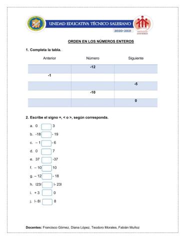 Orden en los Números Enteros