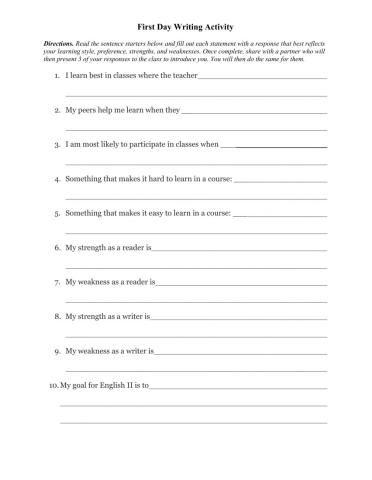 First Day Writing Activity