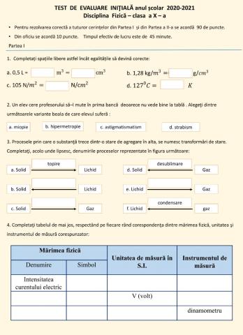 Test initial la fizica clasa X a