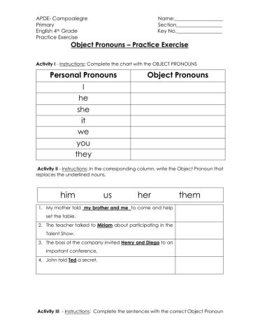 Object Pronouns-Content Sheet