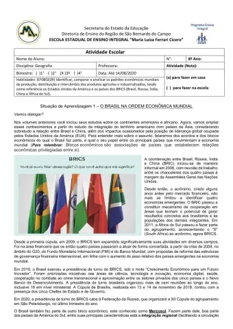 Situação de Aprendizagem 1: O BRASIL NA ORDEM ECONÔMICA MUNDIAL
