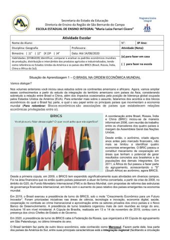 Situação de Aprendizagem 1: O BRASIL NA ORDEM ECONÔMICA MUNDIAL