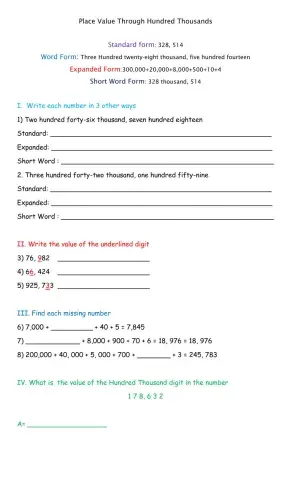 Place Value Through Hundred Thousands