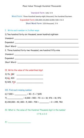 Place Value Through Hundred Thousands